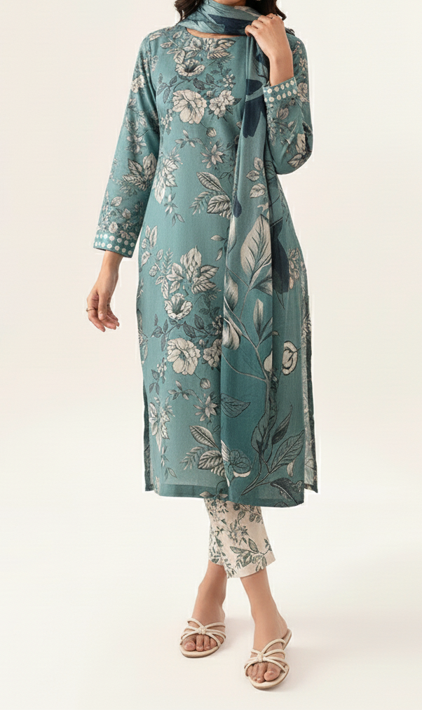 Grace W808 - Digital Printed 3pc Karandi Dress With Digital Printed Karandi Shawl.