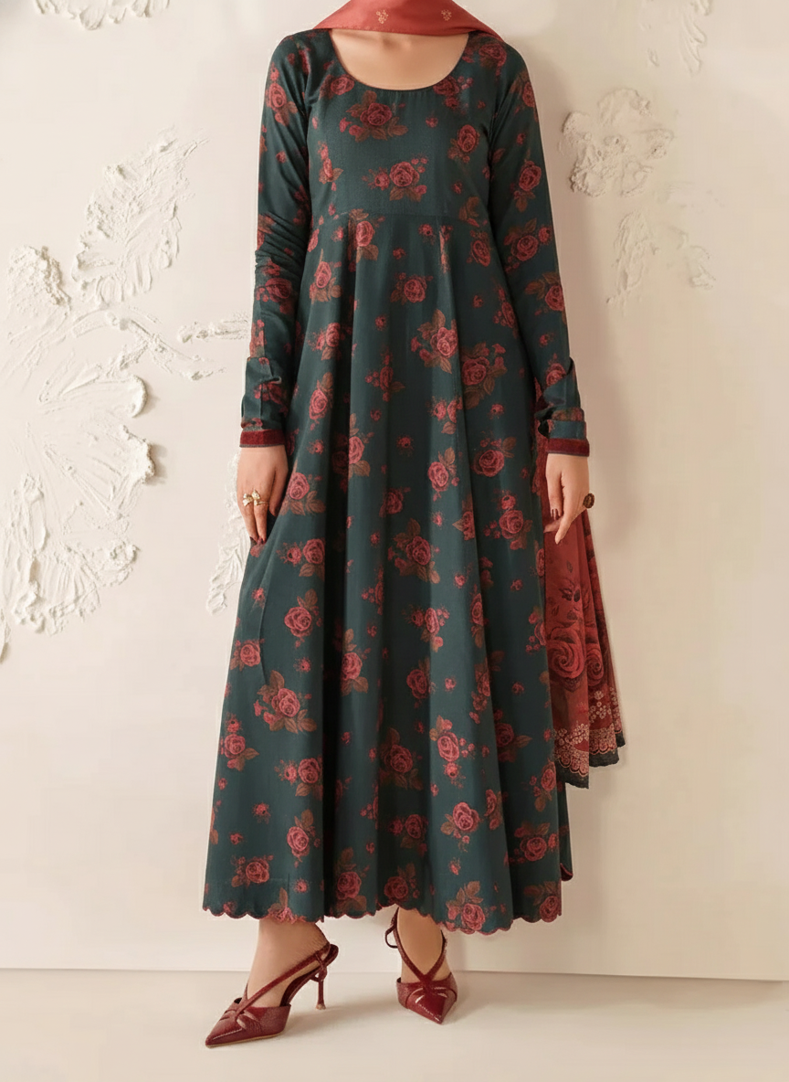 Grace W893 - Digital Printed 3pc Karandi Dress With Digital Printed Karandi Shawl.