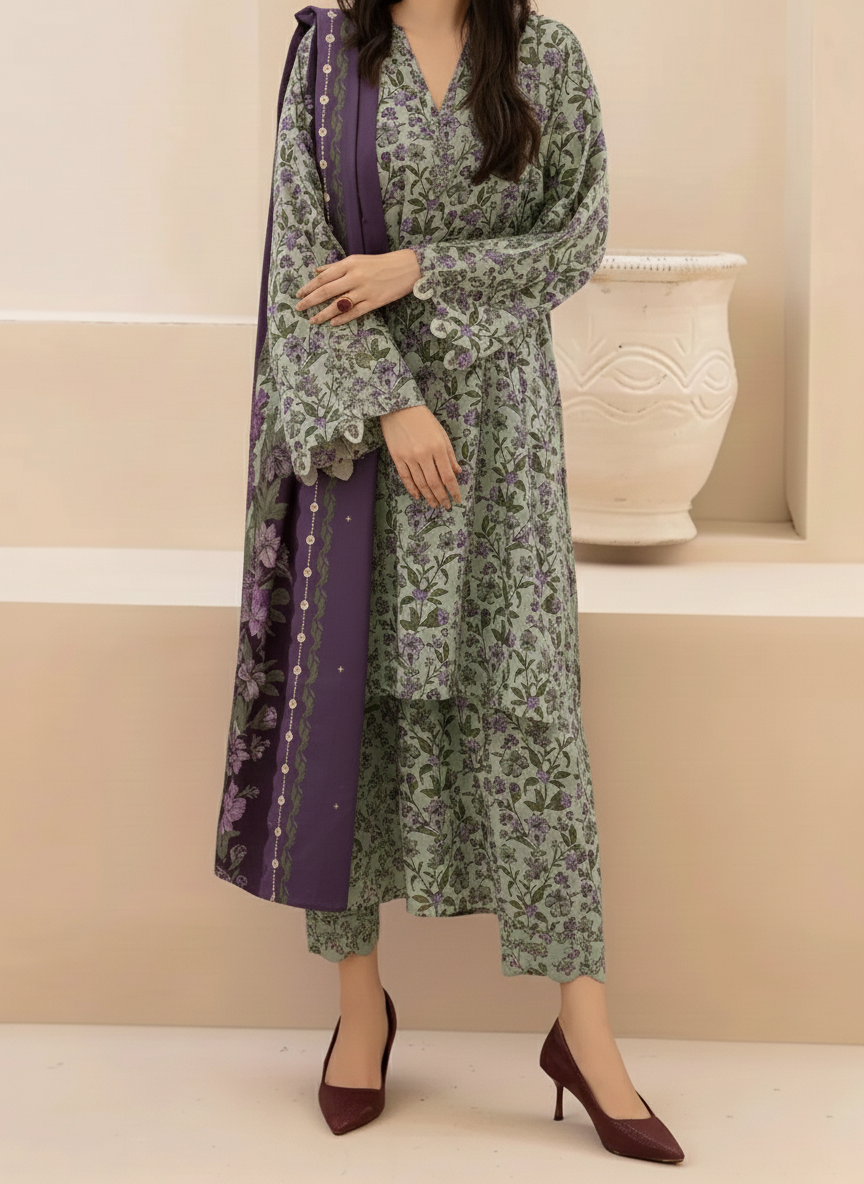 Grace W816 - Digital Printed 3pc Karandi Dress With Digital Printed Karandi Shawl.