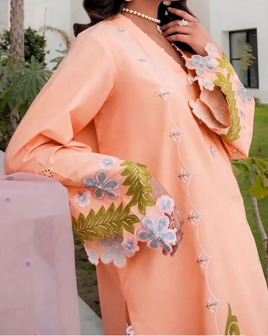 MISK 03 - Stitched Embroidered 3pc Chikankari Lawn Dress With Embroidered Chiffon Dupatta.