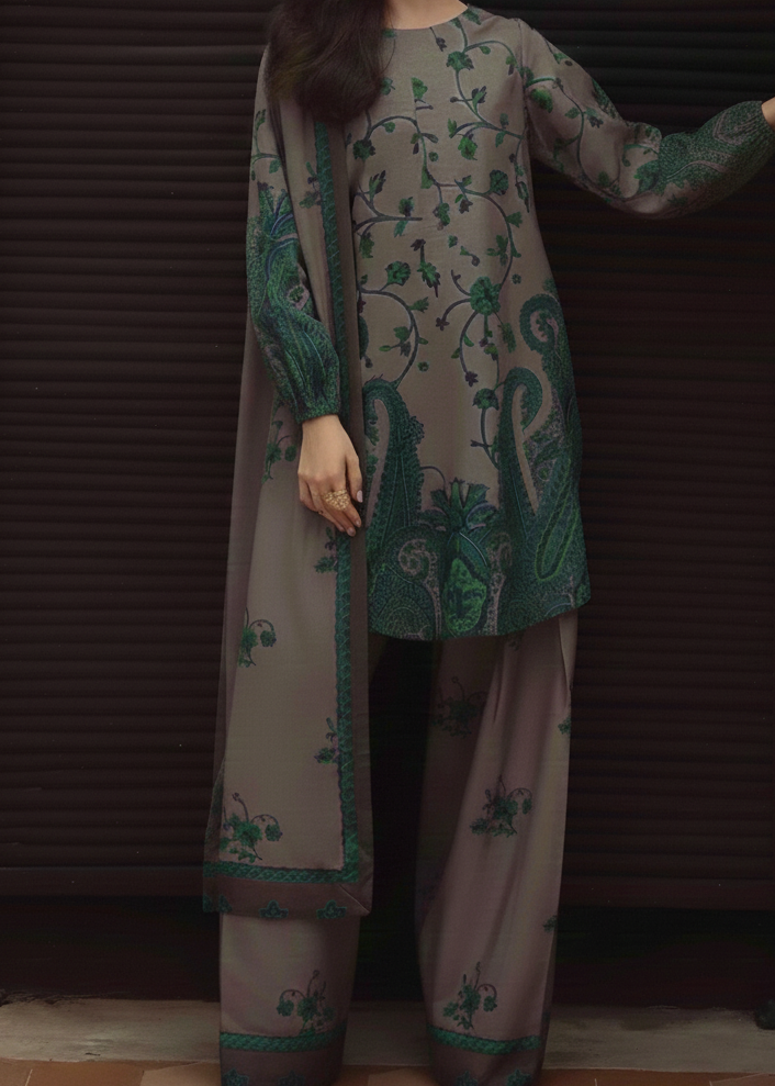 Grace W962 - Digital Printed 3pc Polyester Karandi Dress With Digital Printed Polyester Karandi Shawl.