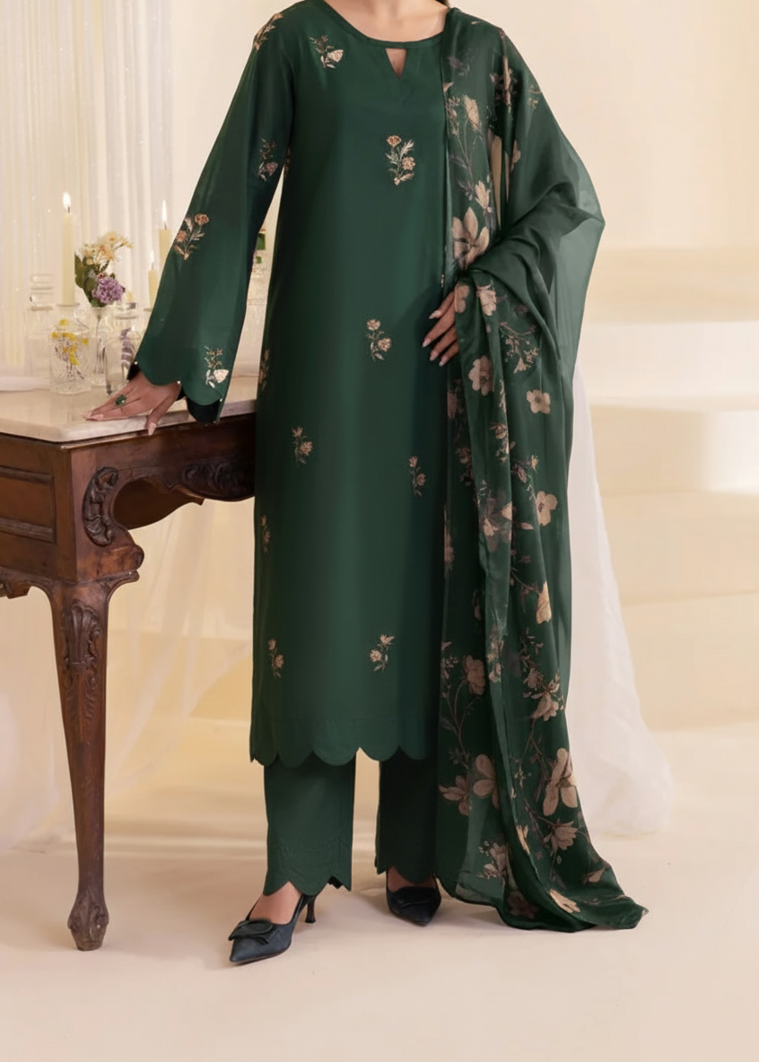 Grace W829-Embroidered 3pc Marina Dress With Printed Shawl.