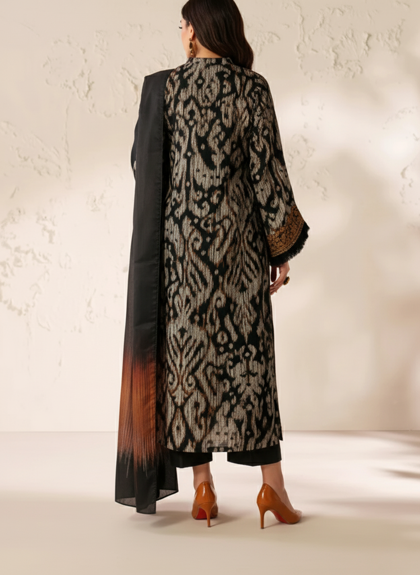 Grace Z-(W762 ) - Stitched Printed & Embroidered 3pc Karandi Dress With Printed Karandi Shawl.
