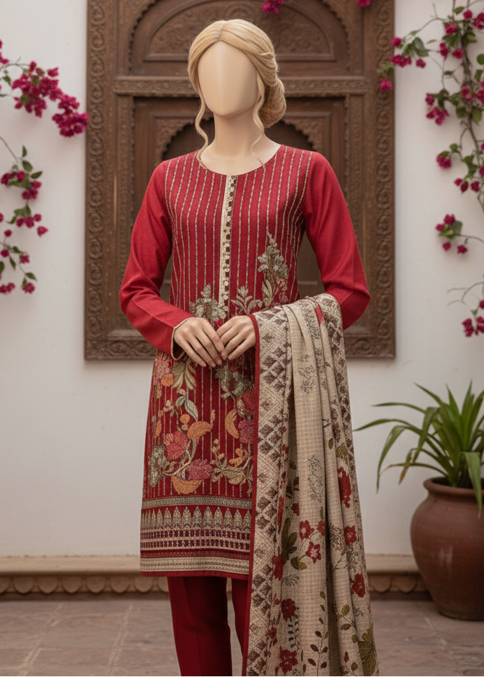 Grace W534-Embroidered 3pc khaddar dress With Printed shawl.