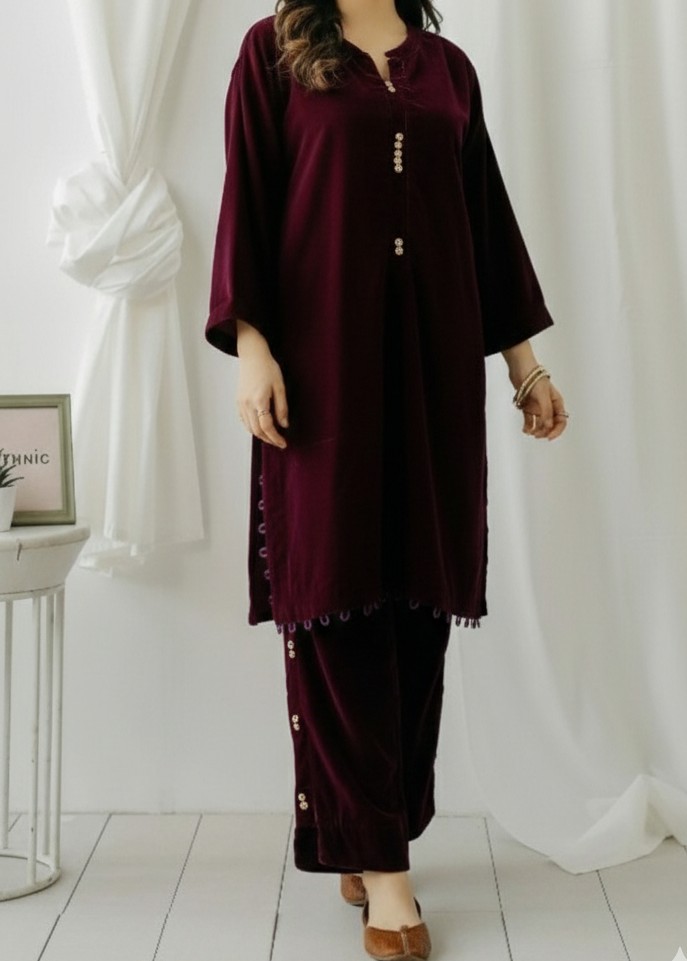 C-S 044- STITCHED 2PC VELVET CO-ORD SET.