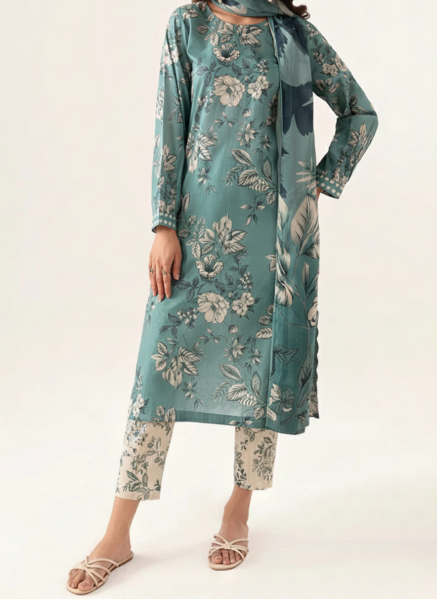 Grace W808 - Digital Printed 3pc Karandi Dress With Digital Printed Karandi Shawl.