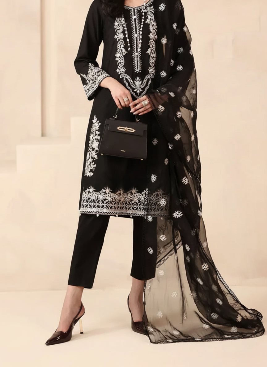 Grace W903-Embroidered 3pc Marina Dress With Embroidered Chiffon Dupatta.