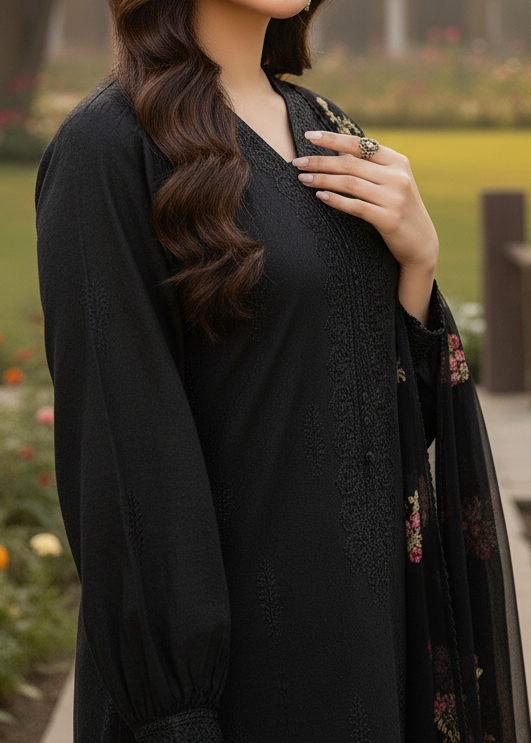 Grace Z-(W190) - Stitched Embroidered 3pc marina dress with Embroidered chiffon dupatta.