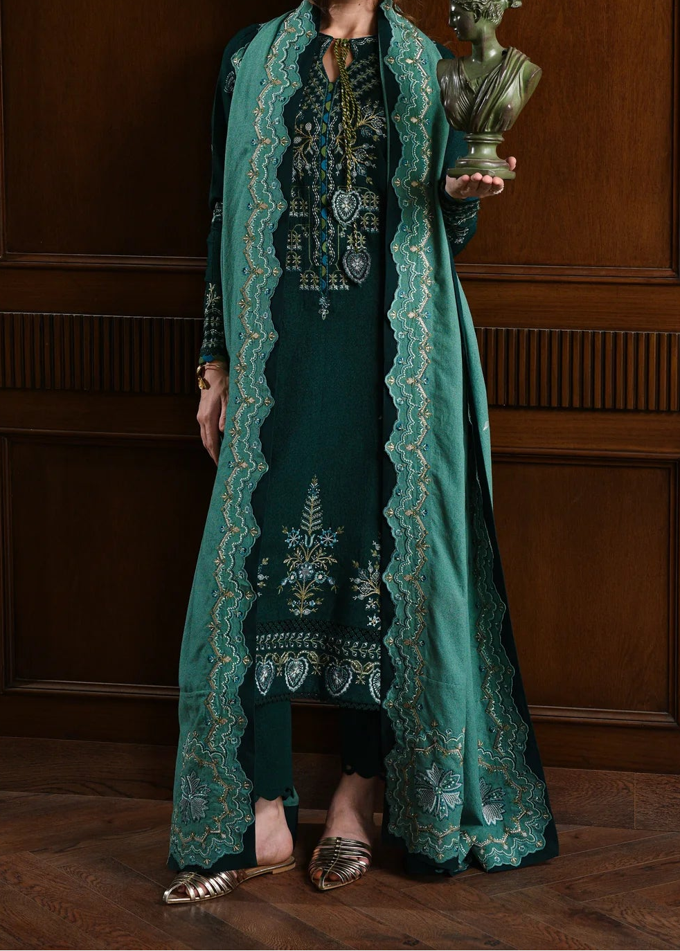 Grace Z-(W771 ) - Stitched Embroidered 3pc Marina Dress With Printed Shawl.