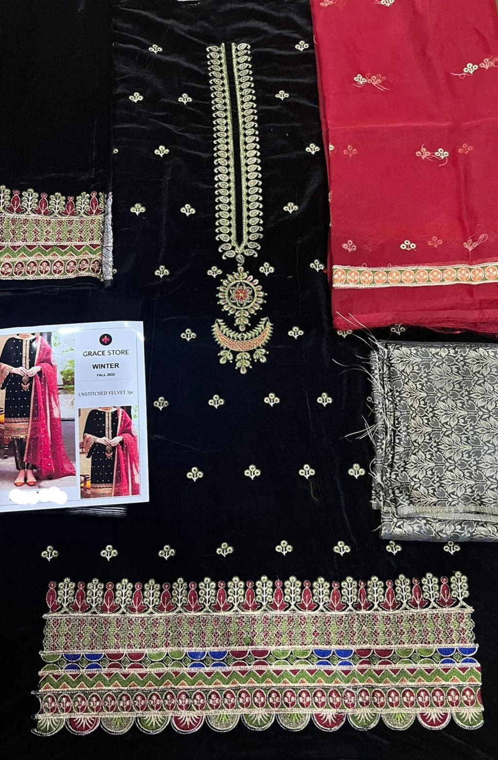Grace W667- Embroidered 2pc Velvet Shirt with Embroidered organza dupatta.