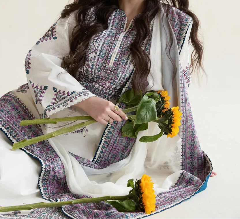 Grace Z-(W1020) - Stitched Embroidered 3pc Marina Dress With Printed Shawl.