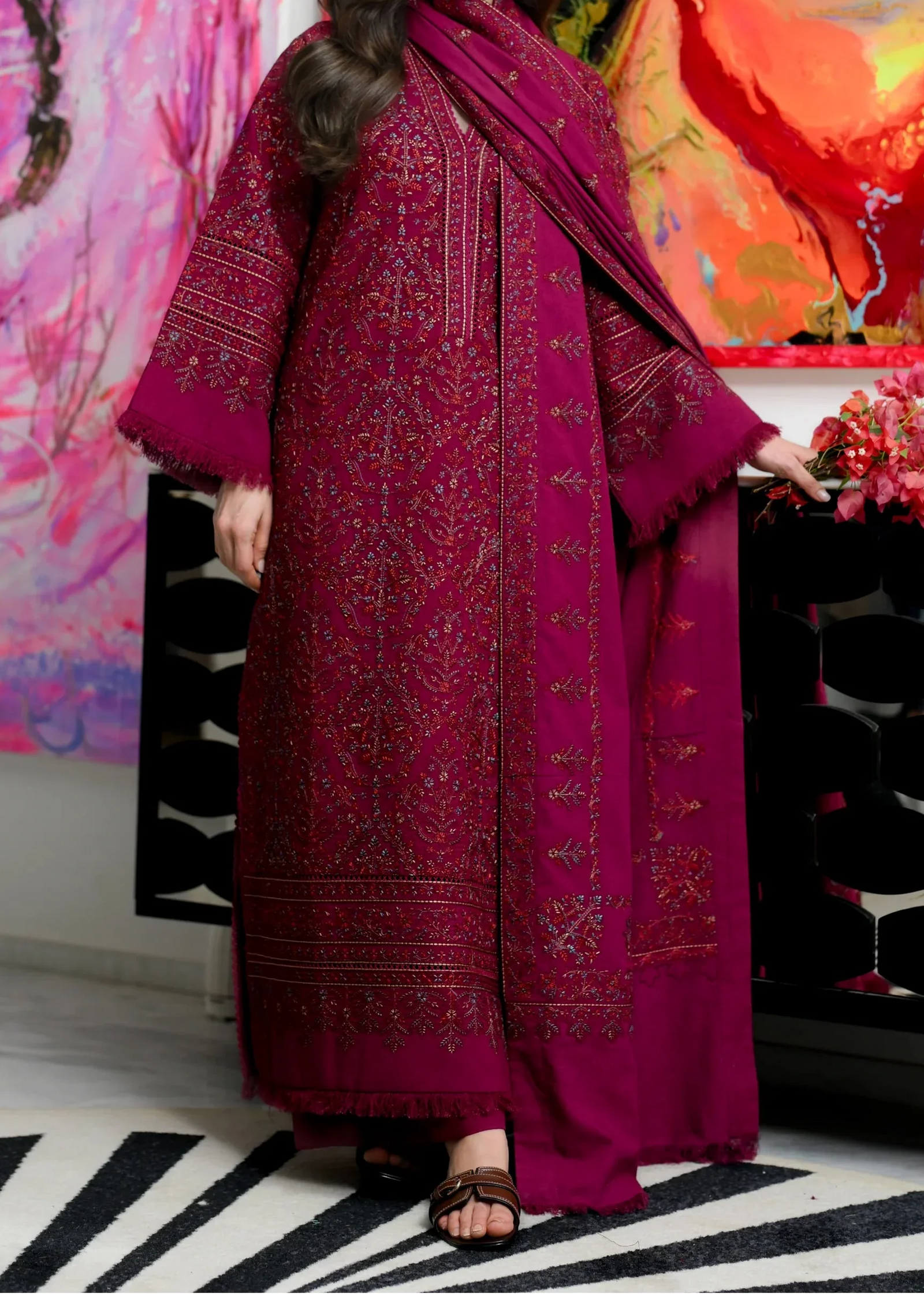 Grace W1129 - Embroidered 3pc Karandi Dress With Embroidered Karandi Shawl.