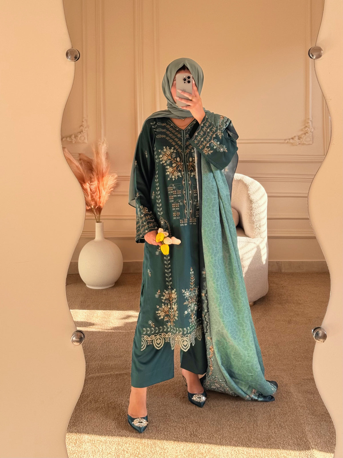 Grace W771 - Embroidered 3pc Marina Dress With Printed Shawl.