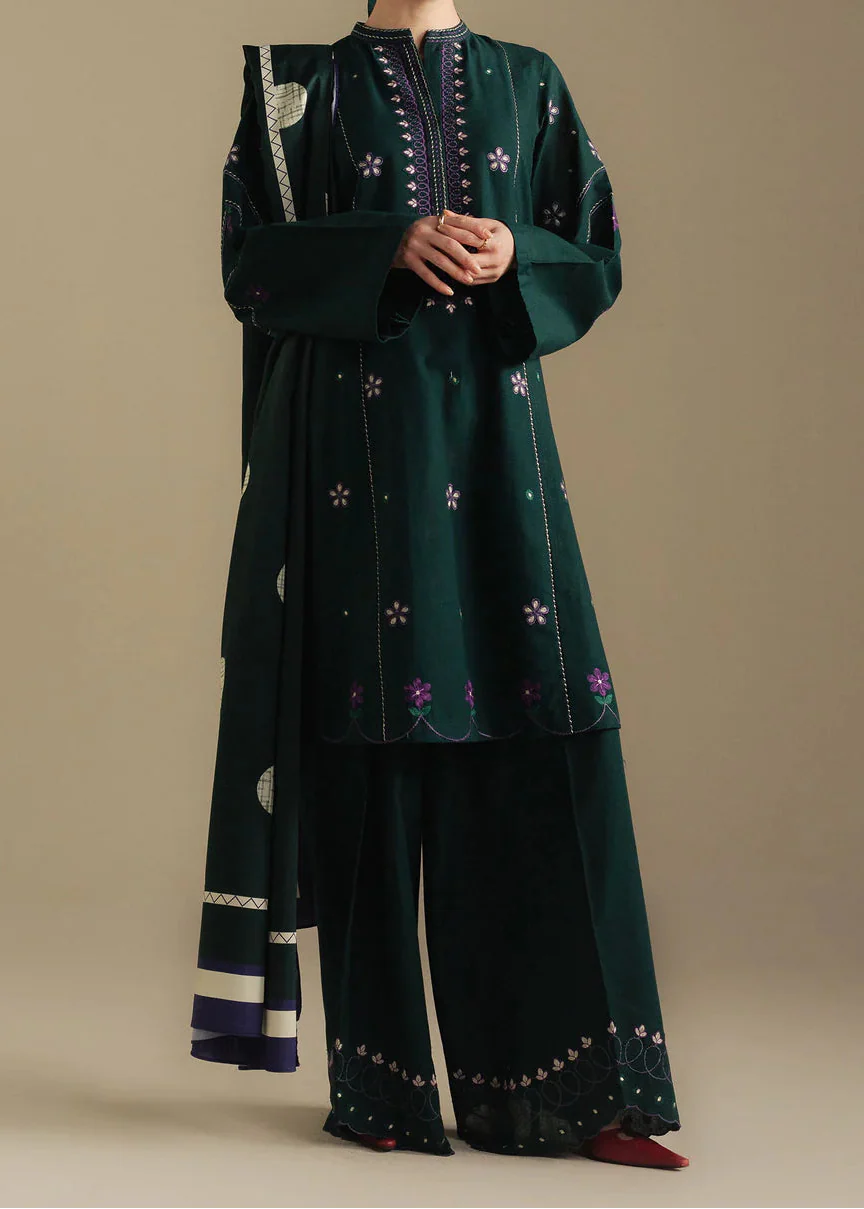 Grace Z-(W930) - Stitched Embroidered 3pc Marina Dress With Printed Shawl.