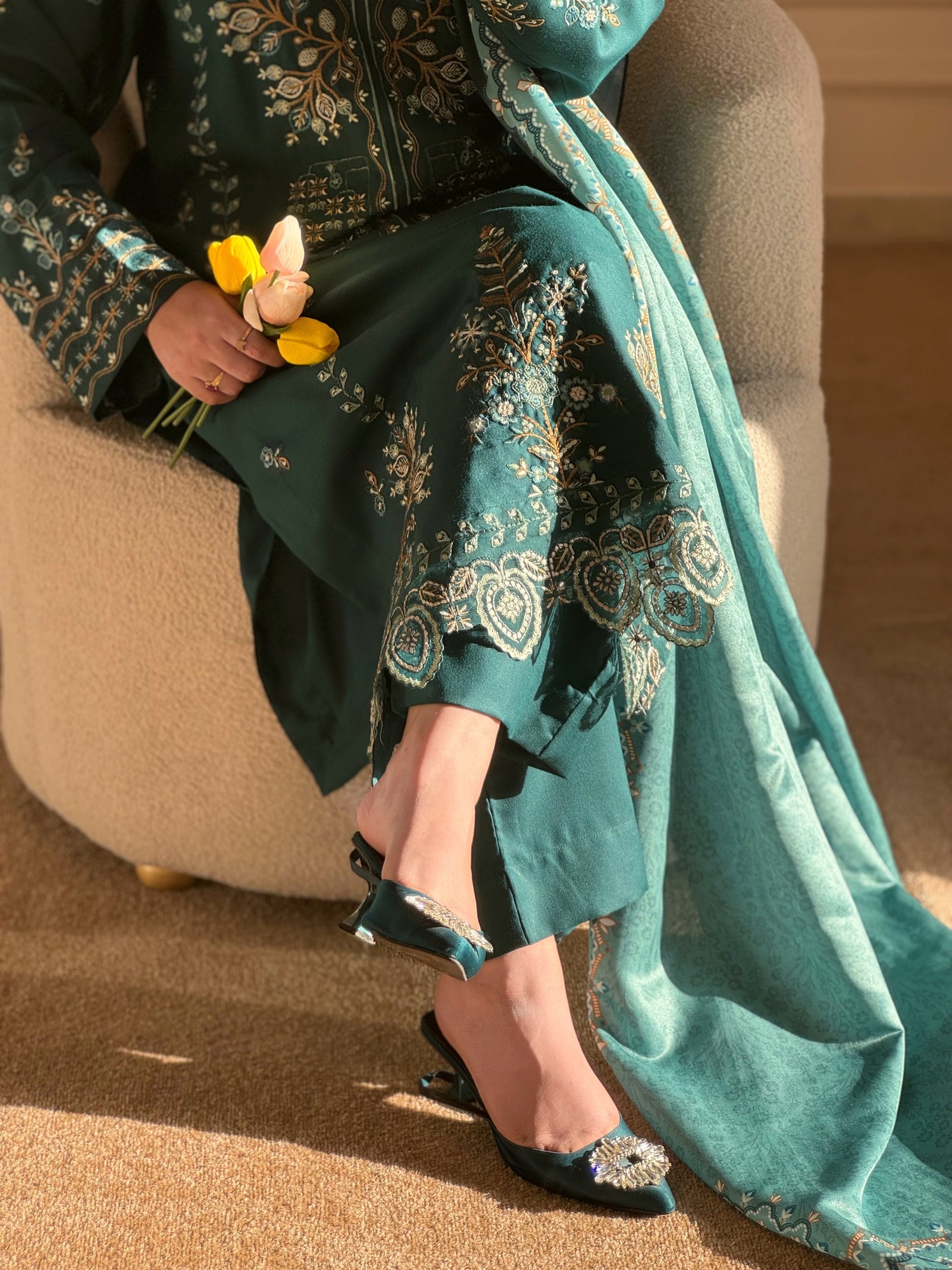 Grace W771 - Embroidered 3pc Marina Dress With Printed Shawl.