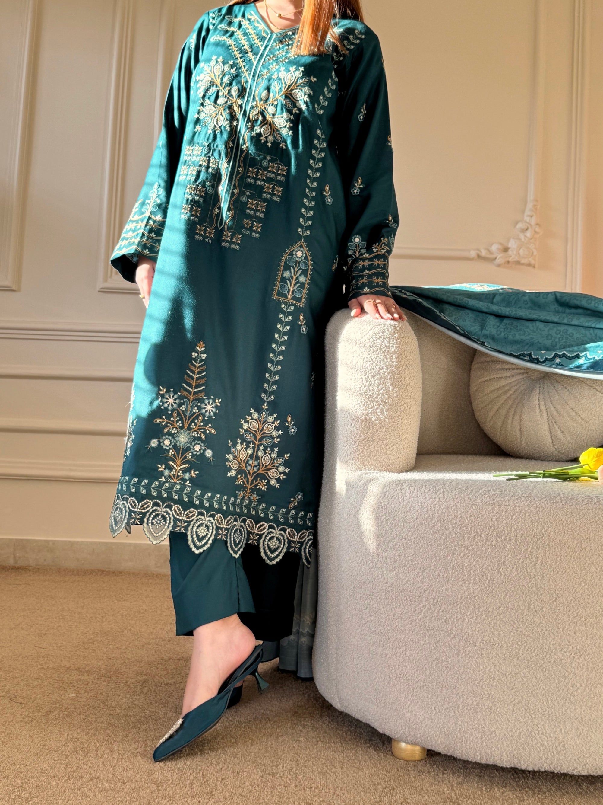 Grace W771 - Embroidered 3pc Marina Dress With Printed Shawl.