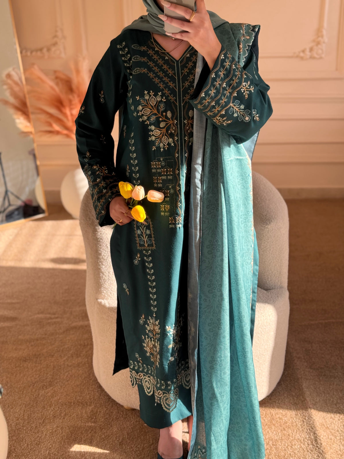 Grace W771 - Embroidered 3pc Marina Dress With Printed Shawl.