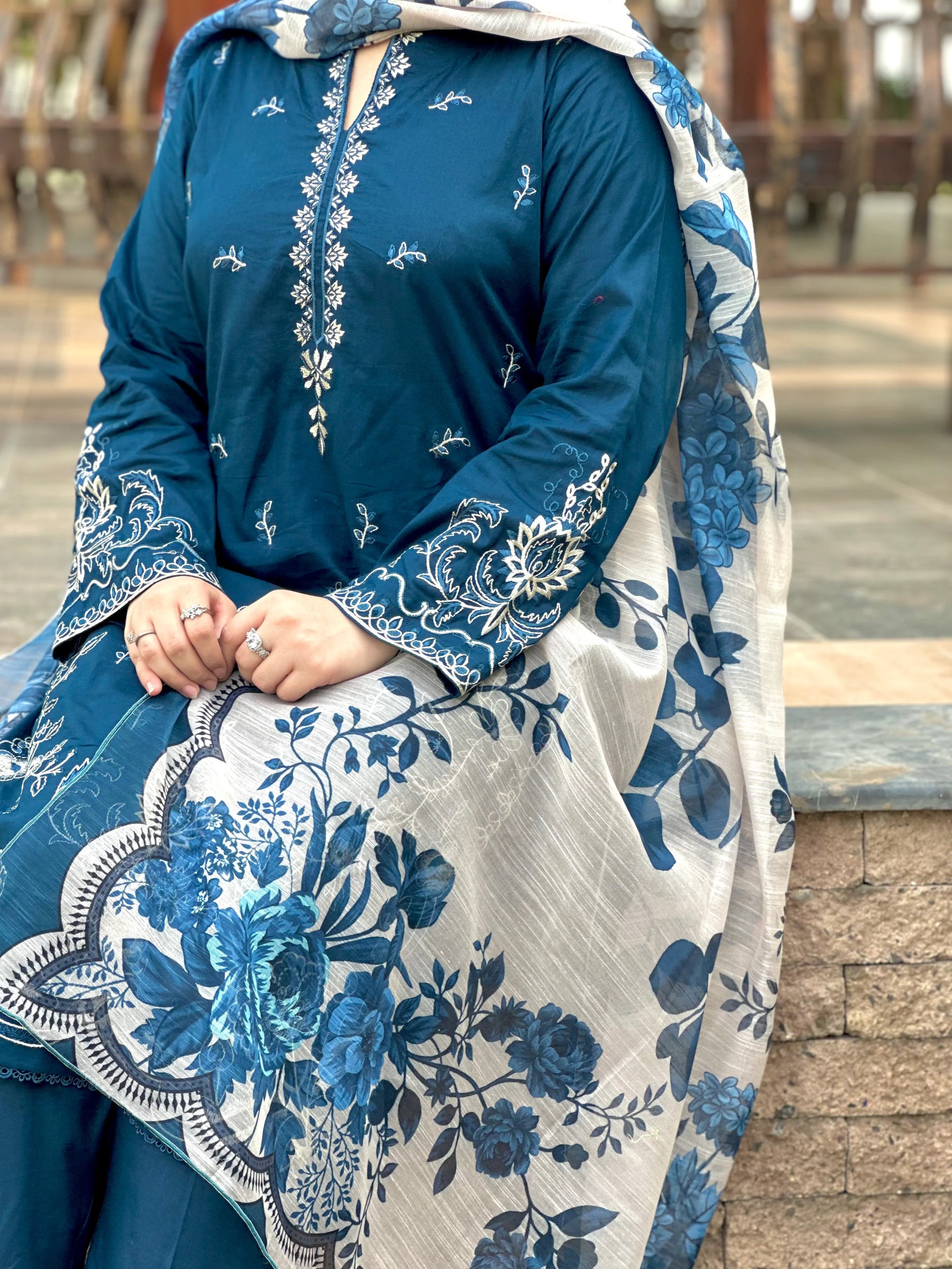 Grace W752-Embroidered 3pc Marina Dress With Printed Shawl.