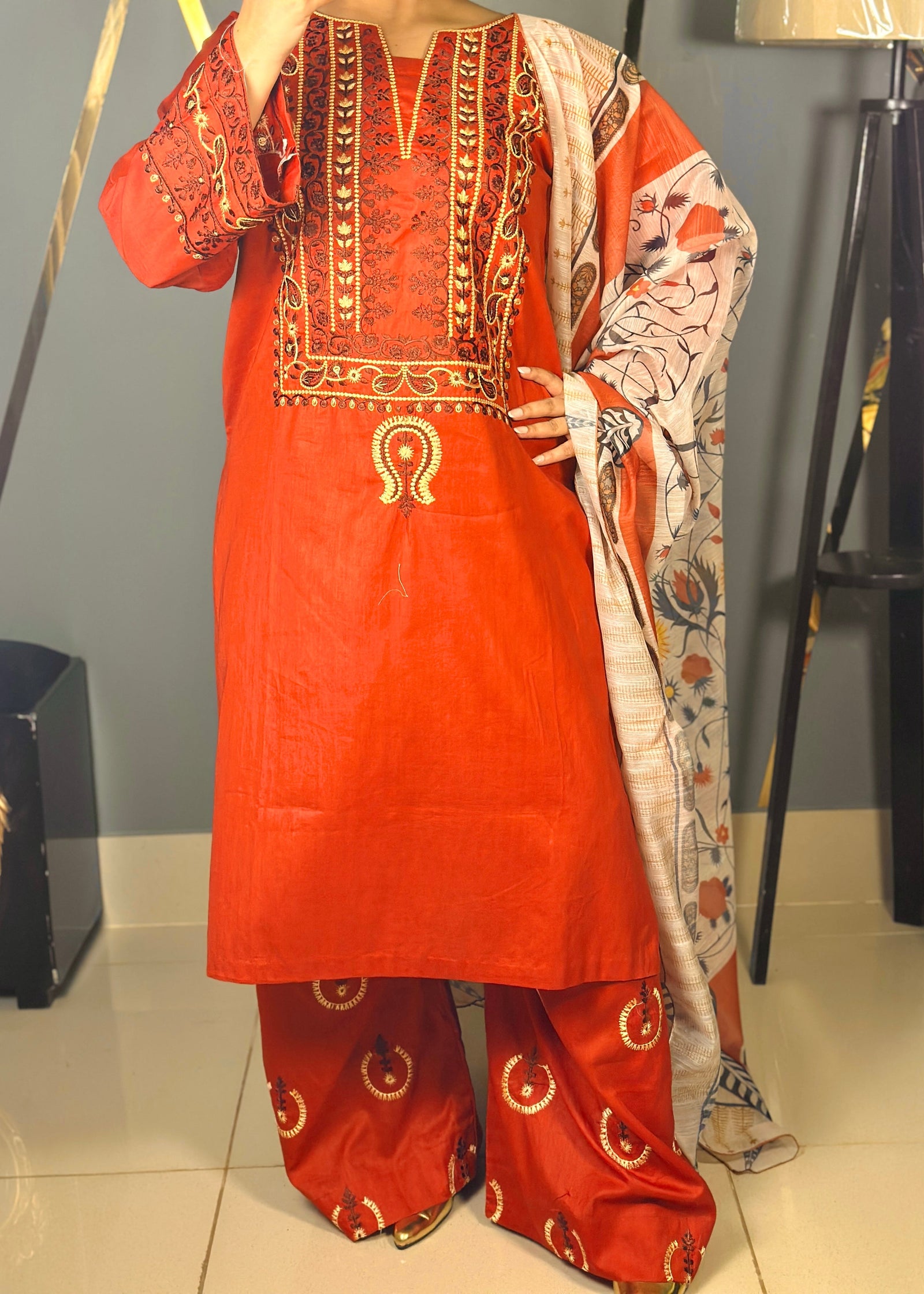 Grace Z-(W527)- Stitched Embroidered 3PC Marina Dress With Printed Shawl.