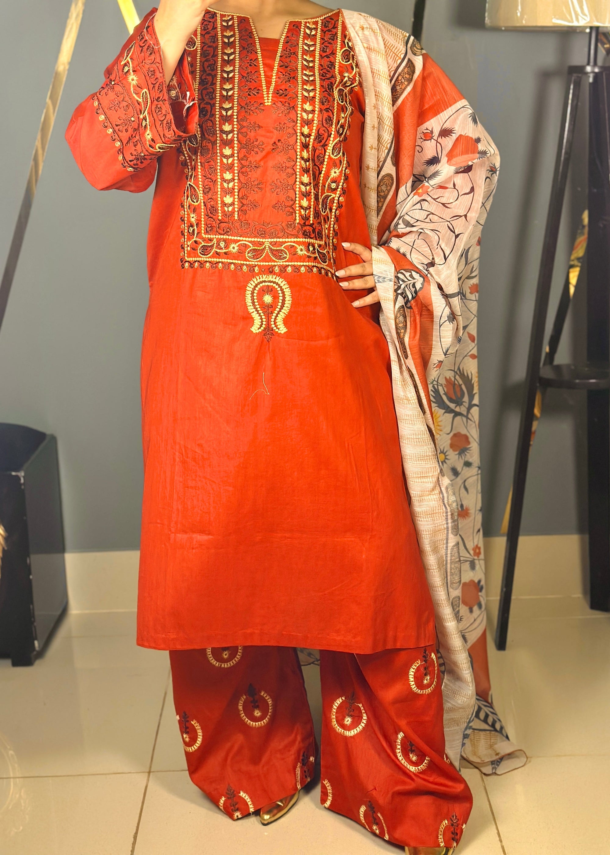 Grace Z-(W527)- Stitched Embroidered 3PC Marina Dress With Printed Shawl.