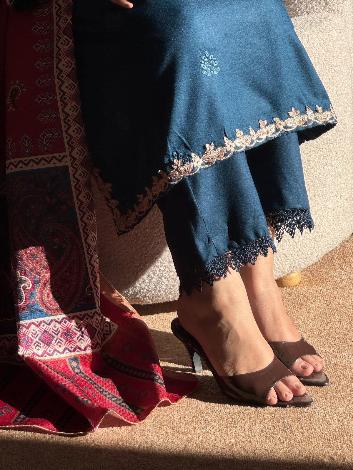 Grace W716-Embroidered CHIKANKARI 3pc Marina Dress With Printed Shawl