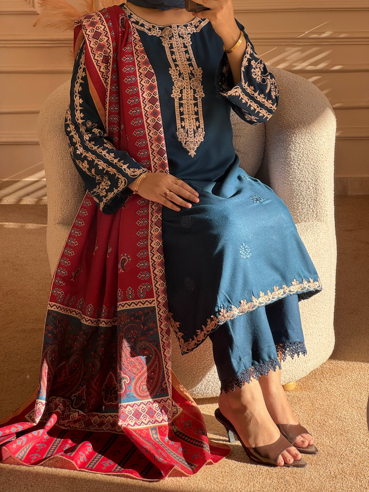 Grace W716-Embroidered CHIKANKARI 3pc Marina Dress With Printed Shawl