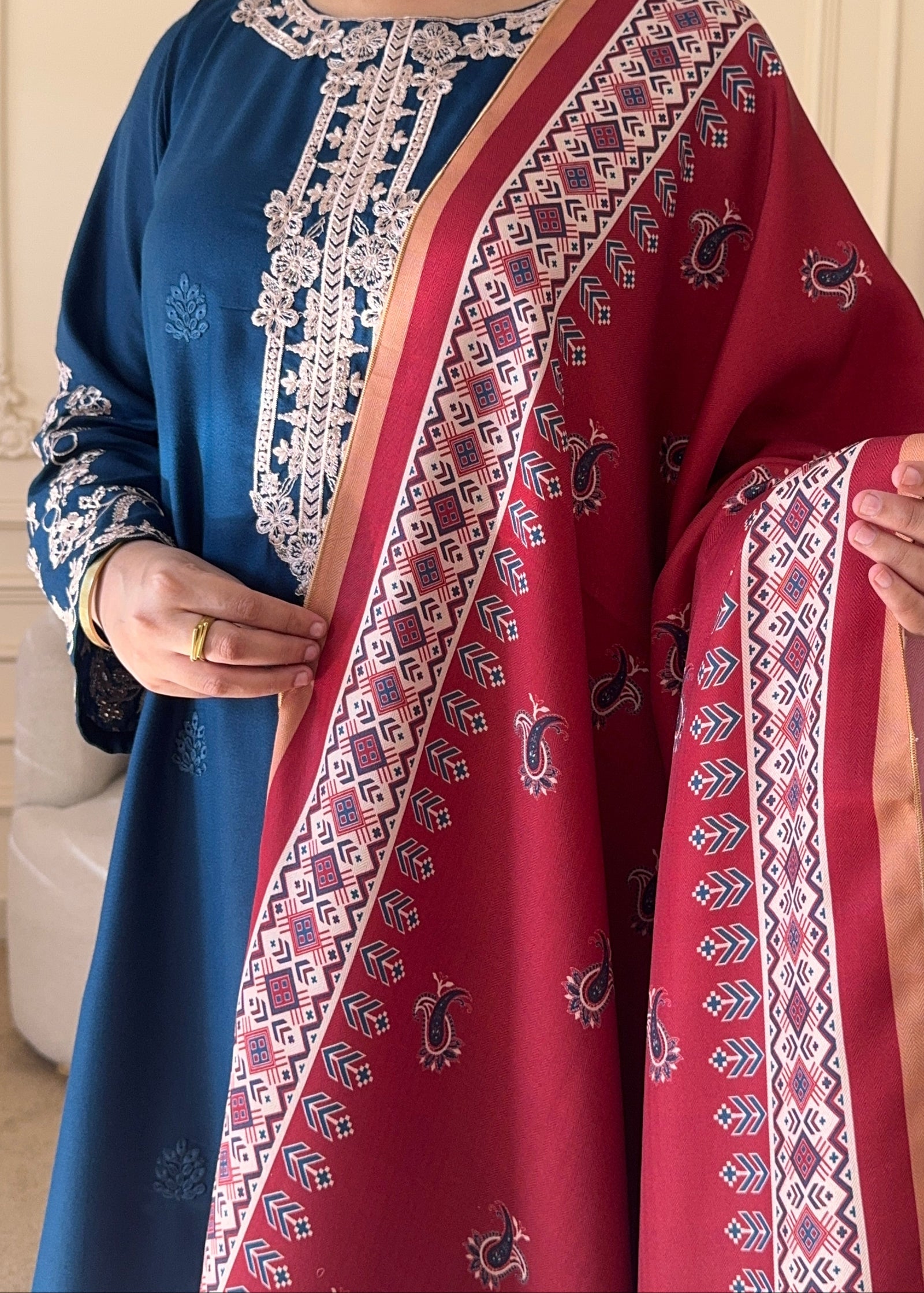 Grace W716-Embroidered CHIKANKARI 3pc Marina Dress With Printed Shawl