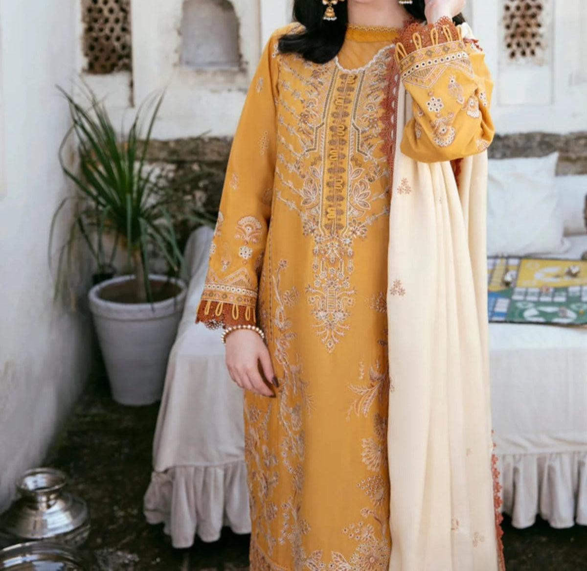Grace W761 - Embroidered 3pc Marina Dress With Embroidered Marina Shawl.