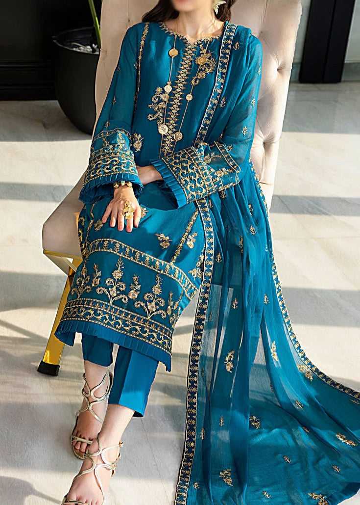 Indigo Blue– Embroidered Chiffon Unstitched 3Pc Suit.