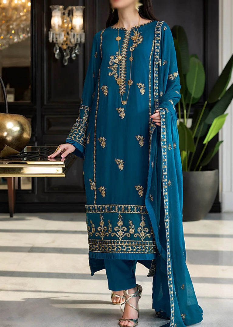 Indigo Blue– Embroidered Chiffon Unstitched 3Pc Suit.