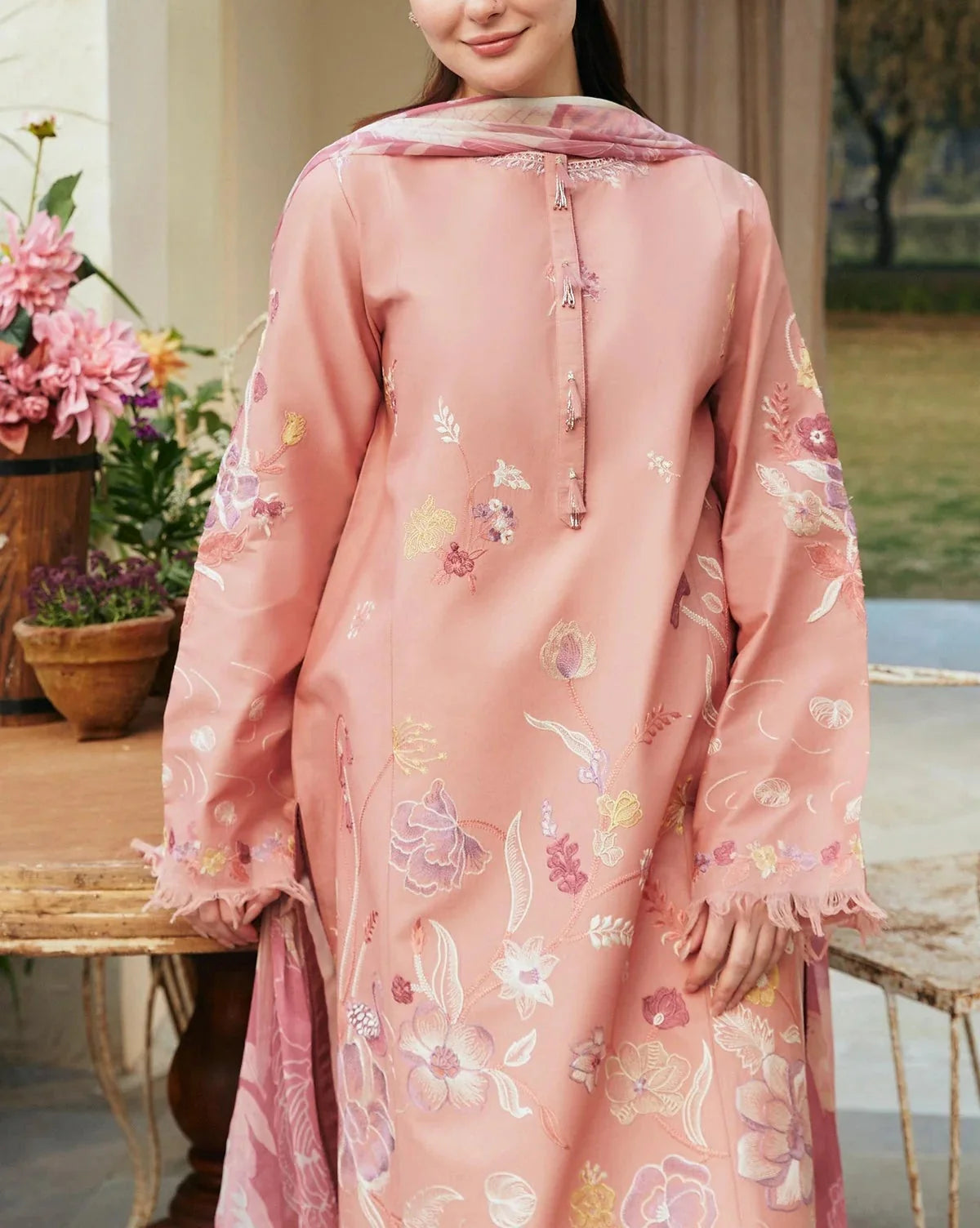 Grace Z110- Stitched Embroidered 3pc Lawn Dress With Printed Munar Dupatta.