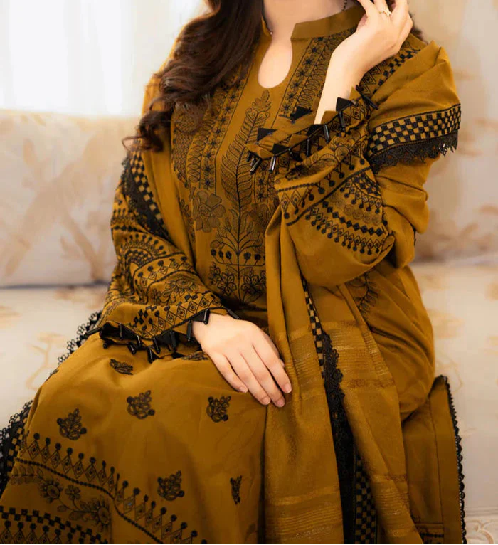 Grace Z-(W757 ) - Stitched Embroidered 3pc Marina Dress With Embroidered Marina Shawl.