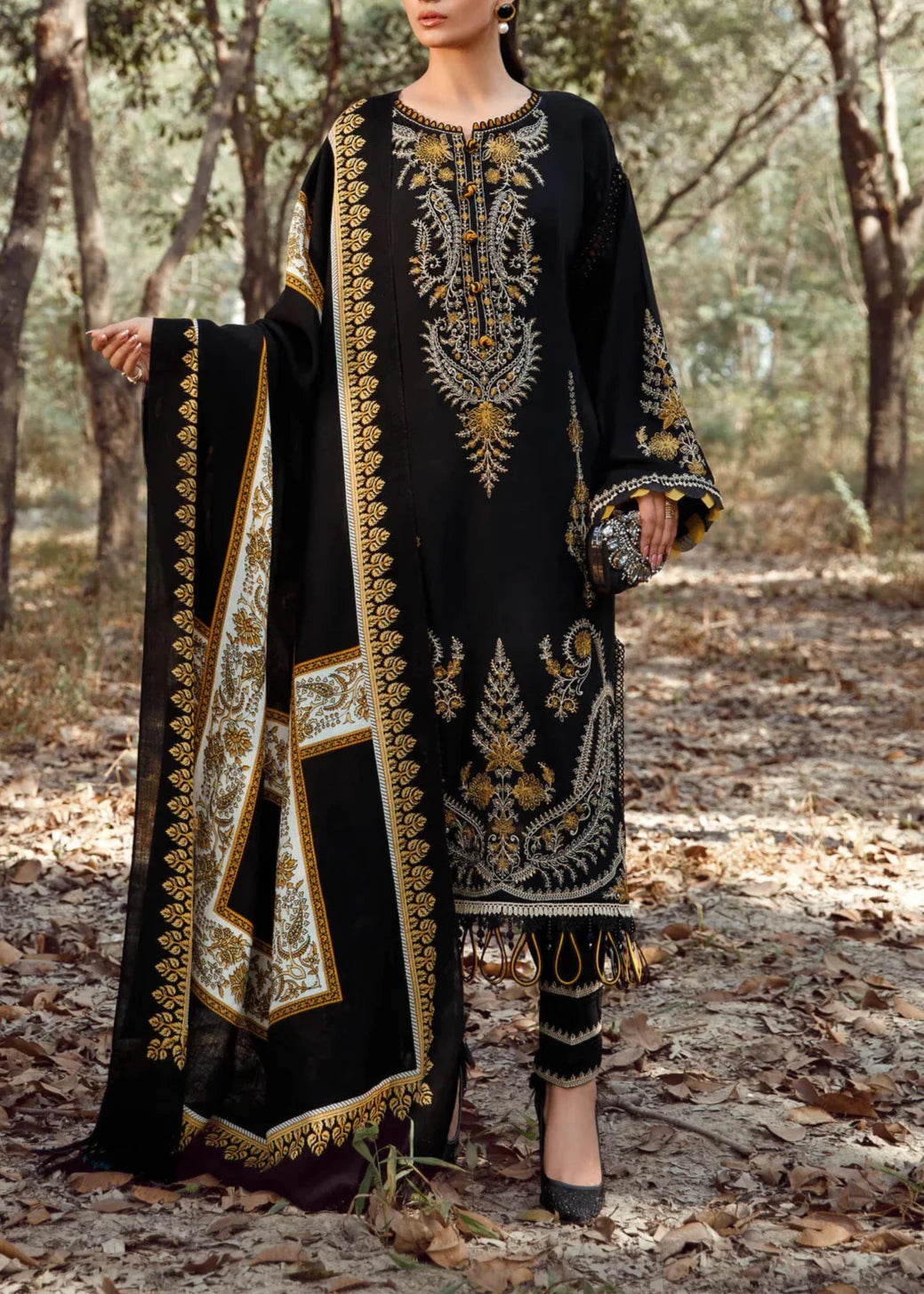 Grace W492-Embroidered 3pc marina dress with Printed shawl.