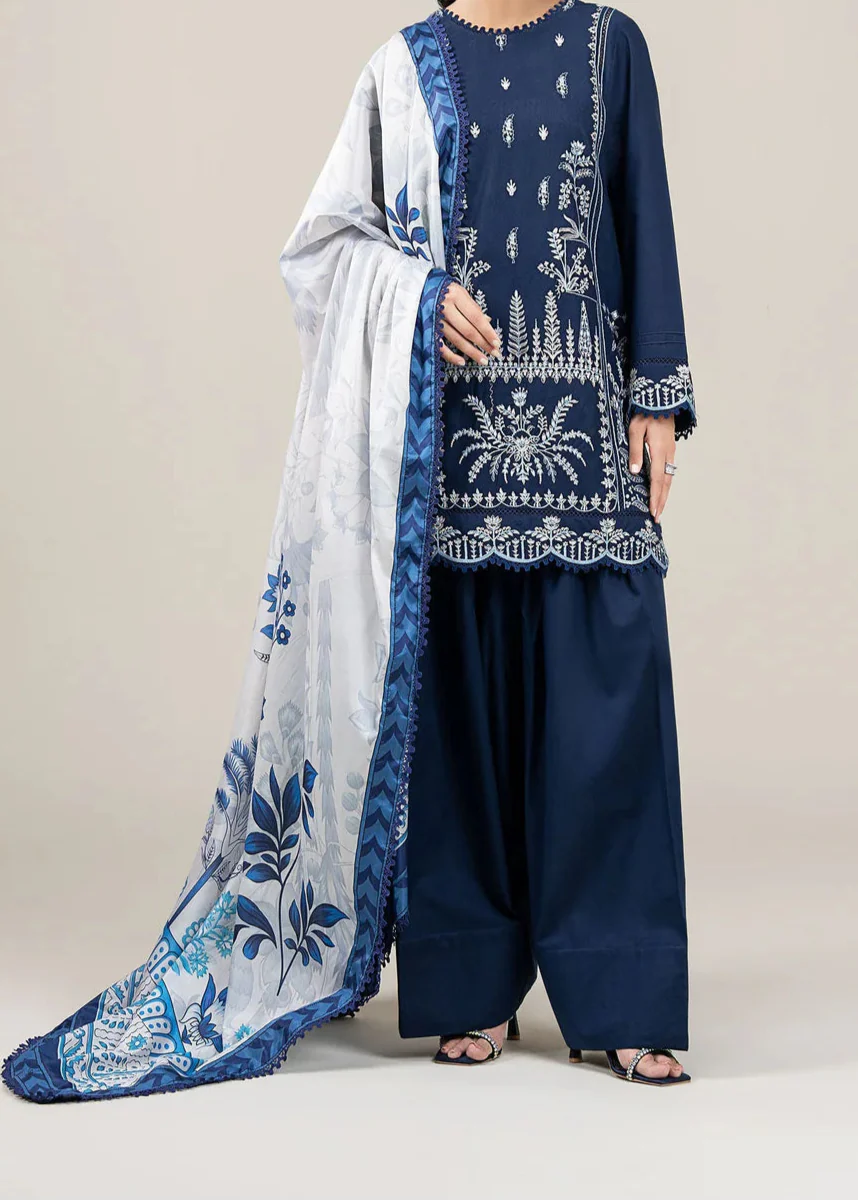 Grace Z-(W718) - Stitched Embroidered 3pc Marina Dress With Printed Shawl