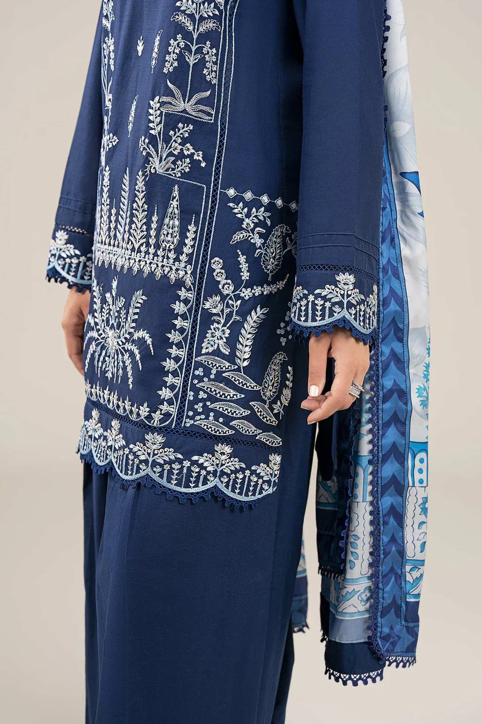 Grace Z-(W718) - Stitched Embroidered 3pc Marina Dress With Printed Shawl