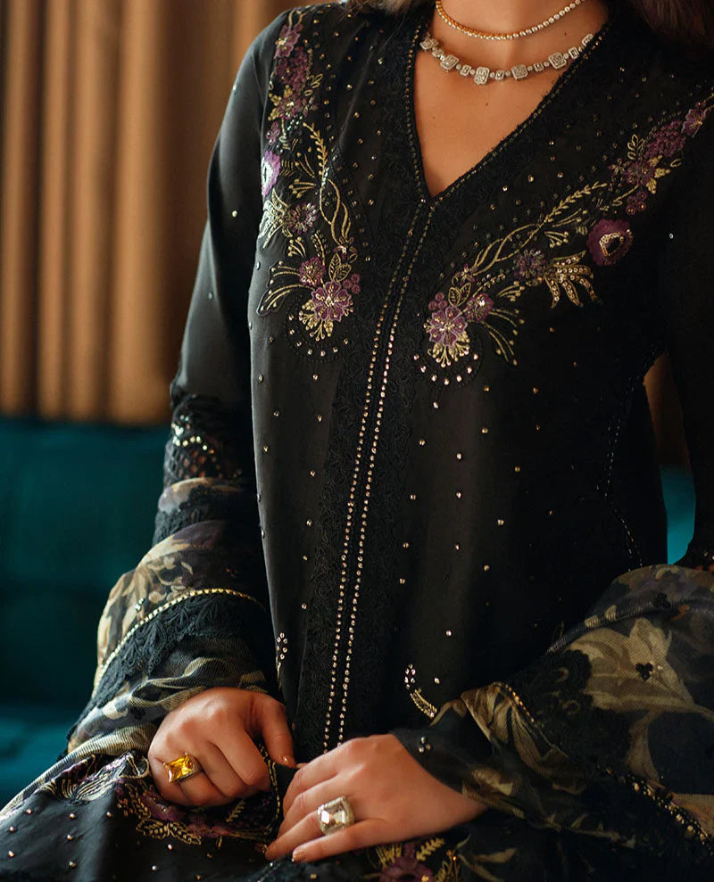 Grace Z-(W741) - Stitched Embroidered Sequence 3pc CUTWORK Marina Dress With Printed Shawl.