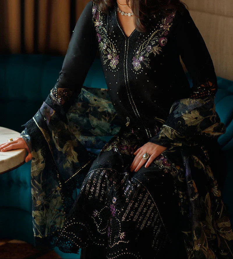 Grace Z-(W741) - Stitched Embroidered Sequence 3pc CUTWORK Marina Dress With Printed Shawl.