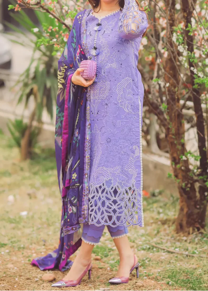 Grace Z-(W749) - Stitched Embroidered 3pc Marina Dress With Printed Shawl.