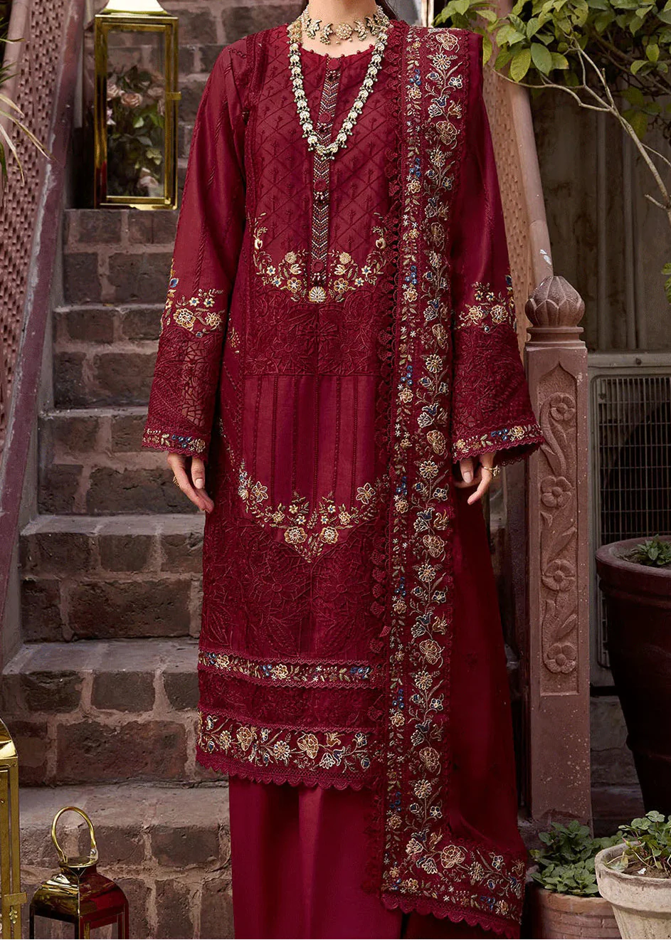 Grace Z-(W971) - Stitched Embroidered 3pc Marina Dress With Printed Shawl.