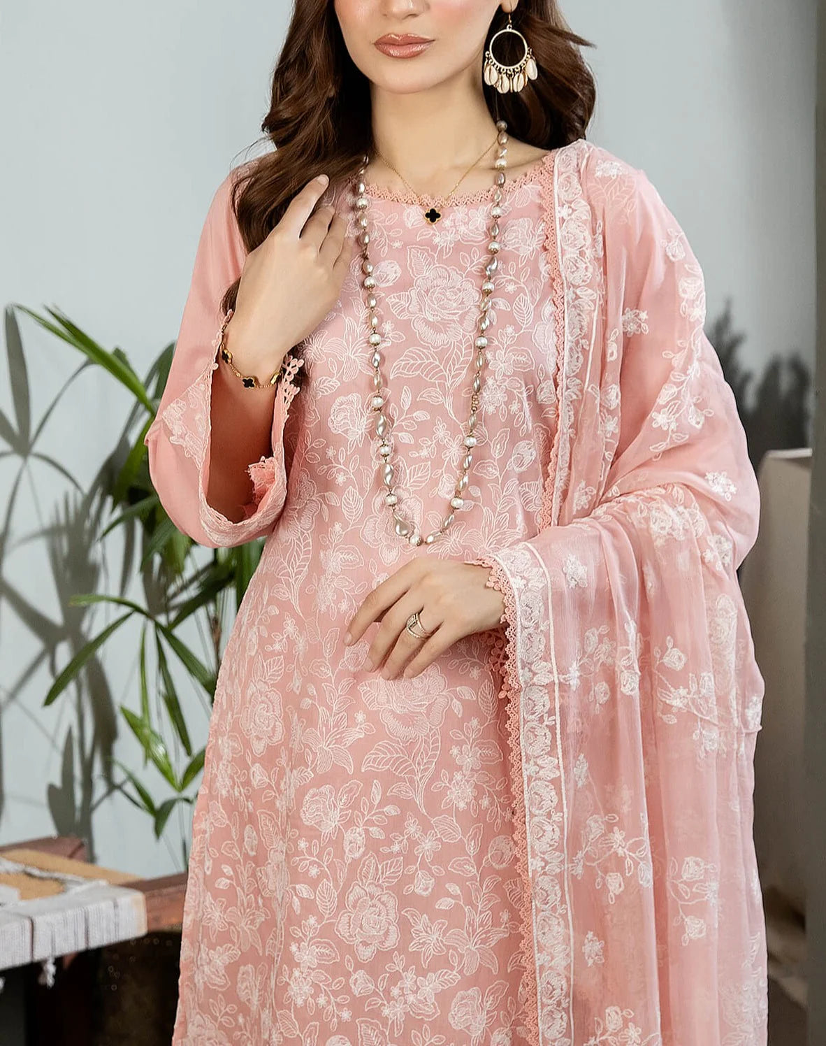Grace Z122- Stitched Embroidered 3pc Lawn dress with Embroidered chiffon dupatta.