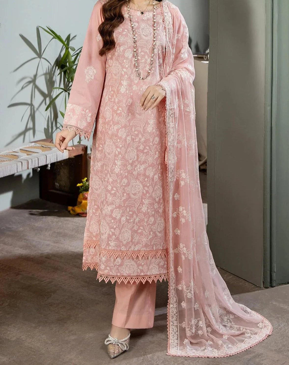 Grace Z(S729)- Stitched Embroidered 3pc Lawn dress with Embroidered chiffon dupatta.