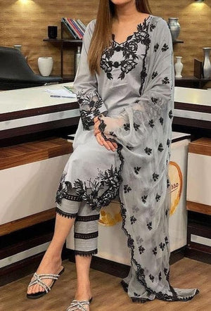 Grace s384-  Embroidered 3pc lawn dress with embroidered cotton net dupatta.