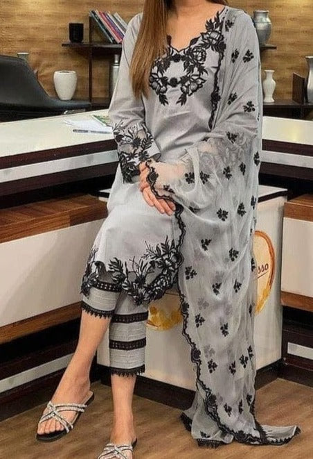 Grace W311- Embroidered 3pc Linen dress with Embroidered Organza dupatta.
