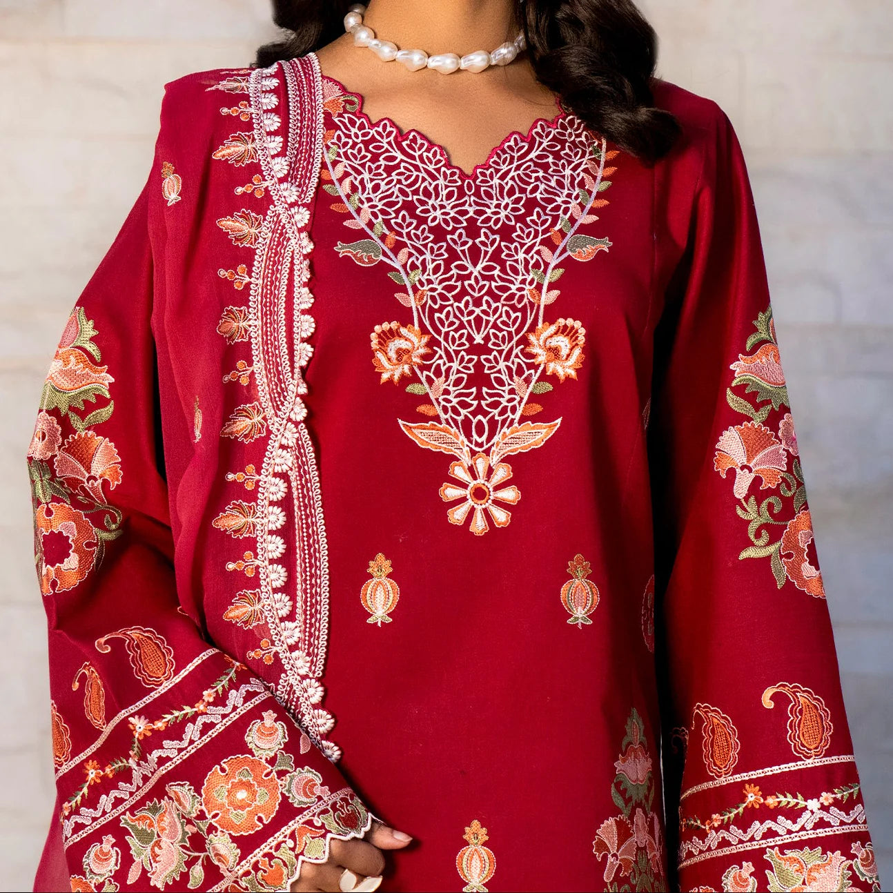 MISK 01 - Stitched Embroidered 3pc Lawn Dress With Embroidered Chiffon Dupatta.
