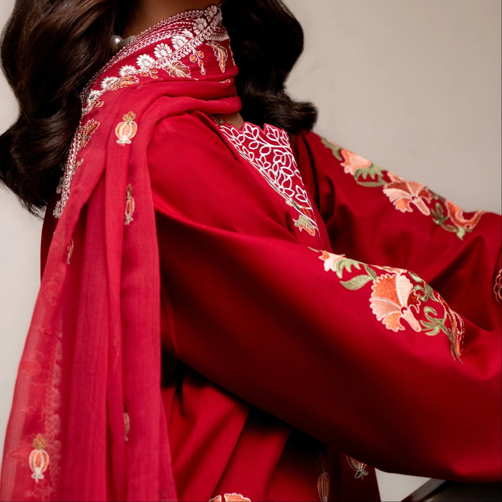 MISK 01 - Stitched Embroidered 3pc Lawn Dress With Embroidered Chiffon Dupatta.