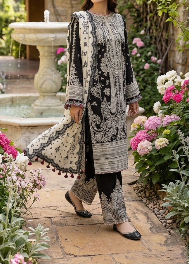Grace S1147-Embroidered 3pc Lawn Dress With Embroidered Munar Net Dupatta.