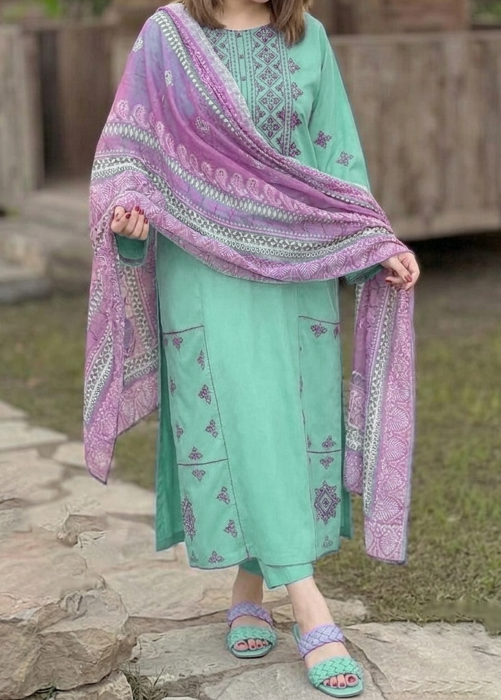 Grace S1326-Embroidered 3pc Lawn Dress With Printed Lawn Dupatta.