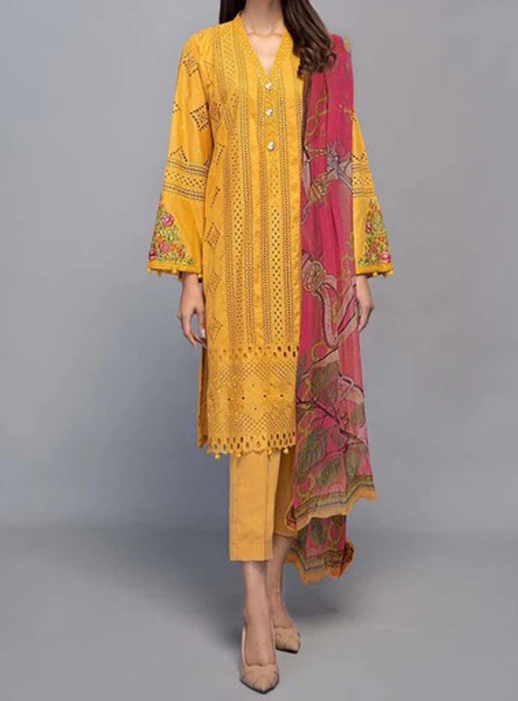 Grace S500-Embroidered 3pc lawn chickan dress with printed silk dupatta.