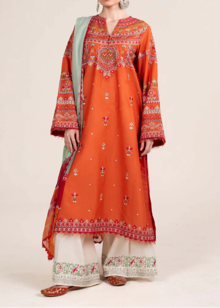 Grace W609-Embroidered 3pc Marina Dress With Printed Shawl.