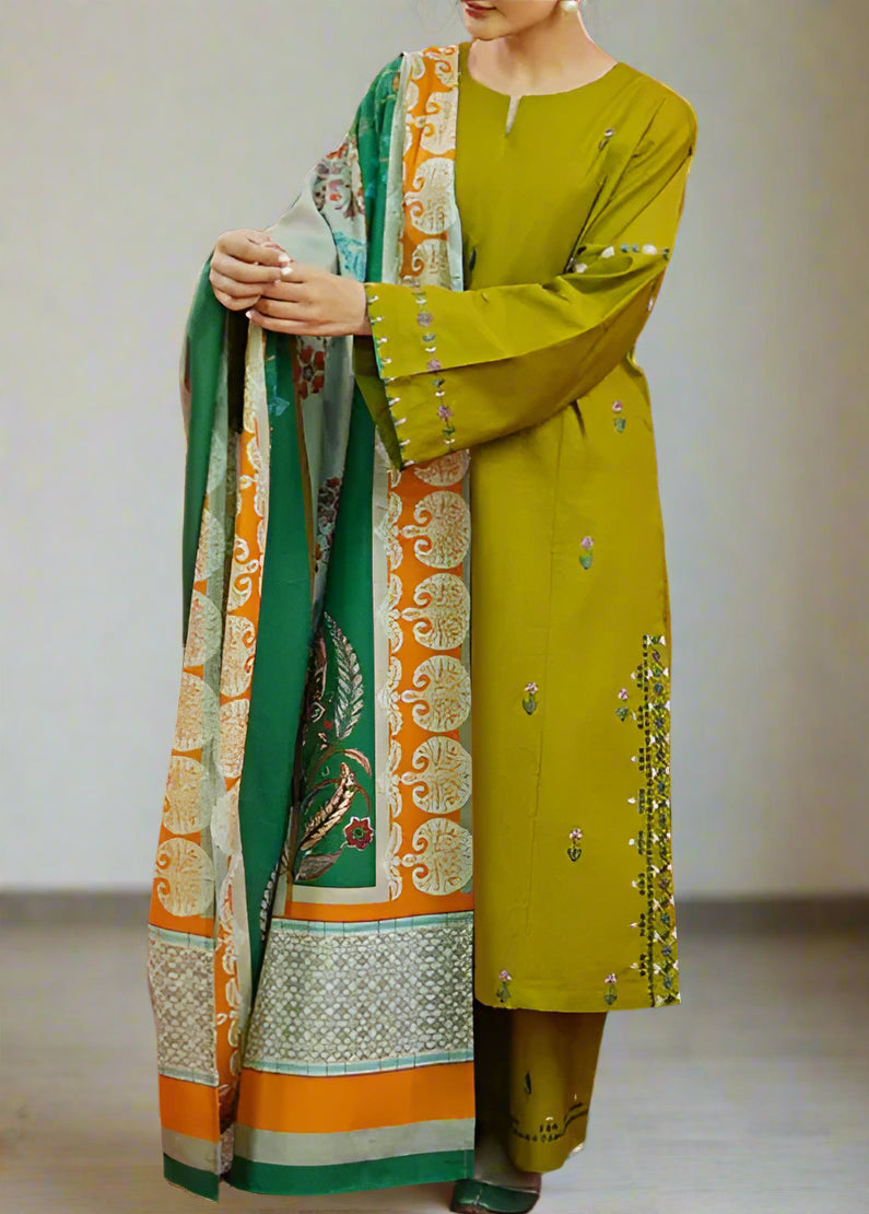 Grace S1073-Embroidered 3pc Lawn dress with Printed Munar Dupatta.